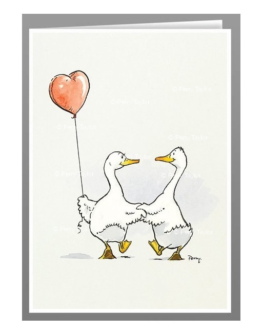 Ducks with heart balloon greeting cards