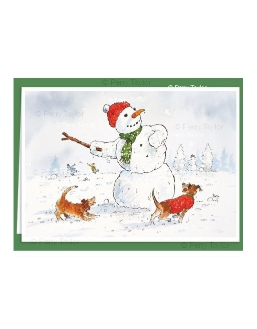 Snowman throwing a stick for the dogs. Christmas Greetings card design by Perry Taylor