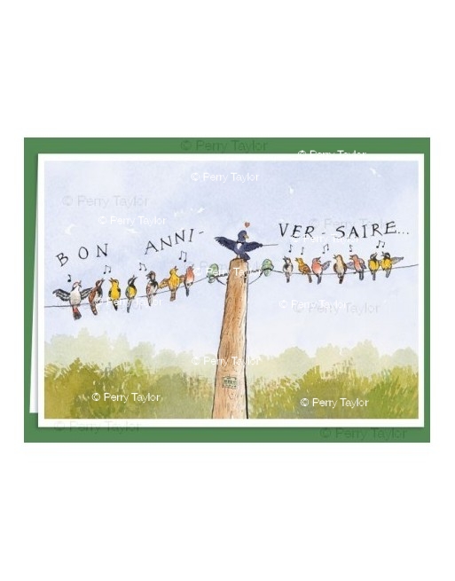 A birthday chorus by a flock of birds. Birthday card