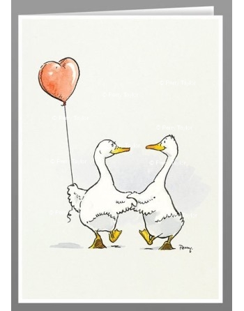 Ducks with heart balloon greeting cards