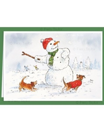 Snowman throwing a stick for the dogs. Christmas Greetings card design by Perry Taylor