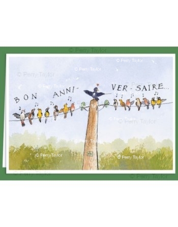 A birthday chorus by a flock of birds. Birthday card