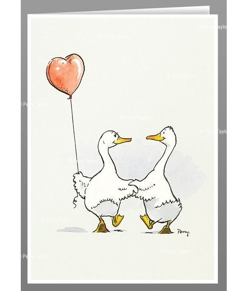 Ducks with heart balloon greeting cards