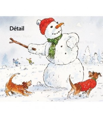 Snowman throwing stick, Christmas card