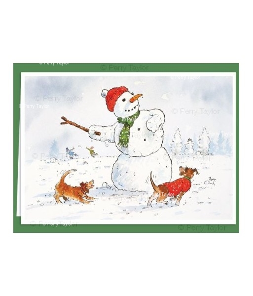 Snowman throwing stick, Christmas card